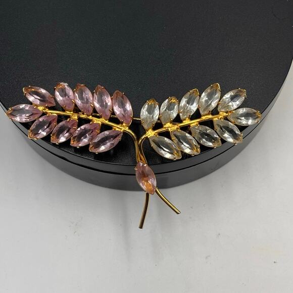 Gold Tone Pink and Clear Acrylic Rhinestone Branch Leaf Spray Large Brooch - Picture 1 of 7